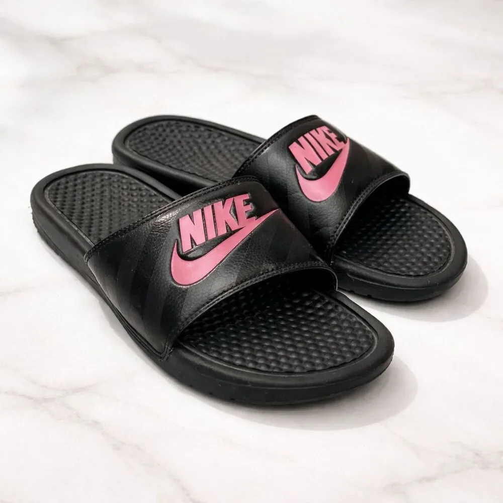 Nike Women's Benassi JDI Slides Black Pink Sandals Size 9‎ Sports Gym Travel